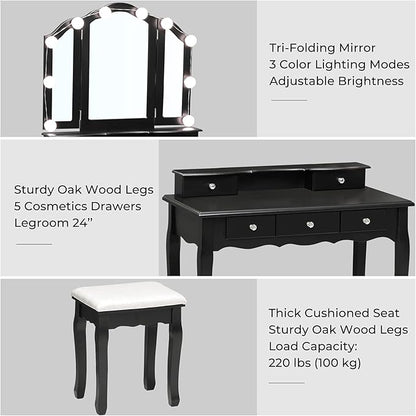 Tiptiper Makeup Vanity with Lights, Vanity Desk with 10 Light Bulbs & 3 Color Lighting Modes, Vanity Table with 5 Drawers and Cushioned Stool, Makeup Table with Tri-Fold Mirror for Women Girls, Black
