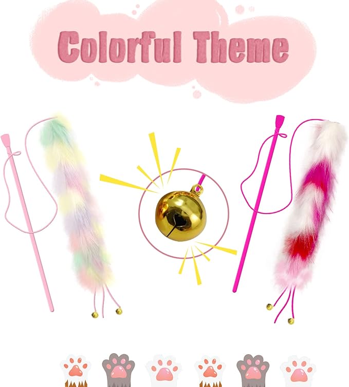2 Pack Cat Wand Toy, Rainbow Cat Feather Toys with Bells, Teaser Wand with Soft Furry Tail, Interactive Toys for Indoor Cats & Kitten & Kitty-Mewly Pet