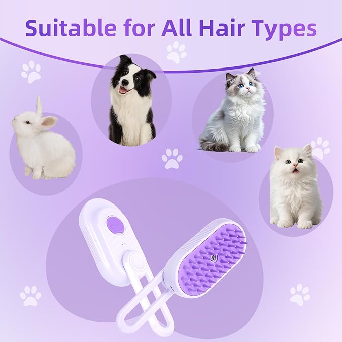 4-in-1 Rechargeable Anti-Dandruff Pet Steam Brush — brush for sheddingCats & Dogs,pet hair removal tool. Integrating functions of massage,clean, hair grooming and anti-static (purple)-Mewly Pet