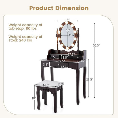 CHARMAID Girls Makeup Vanity Desk with Lights, Vanity Table with Lighted Mirror, 3 Lighting Modes, Adjustable Brightness, Modern Makeup Table with 3 Drawers and Stool for Small Space (Espresso)