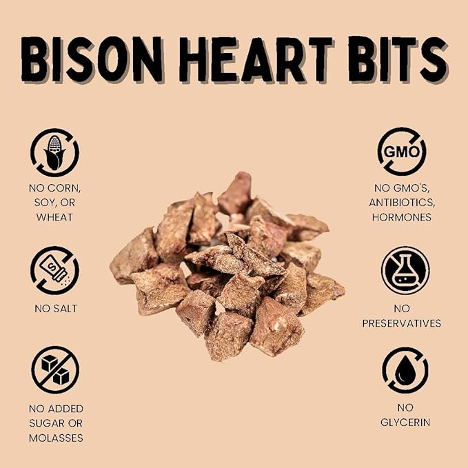 Grass-Fed Bison Heart Bits Cat Treats (Pack of 3) - Single Ingredient, High Protein Cat Food Snacks, Grain Free & Made in USA, with Taurine, Iron & Zinc for Healthy Cats-Mewly Pet
