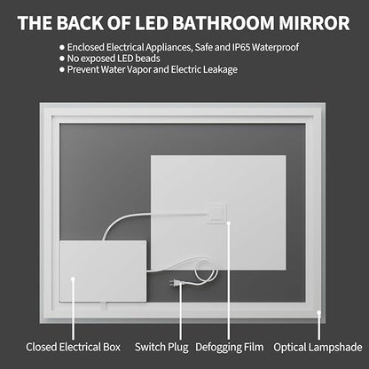 Koonmi 32x48 LED Bathroom Mirror, Backlit + Front Lit, LED Bathroom Mirror with Lights for Wall, 3 Colors, Anti-Fog, Dimmable Brightness, Memory Function, Tempered Glass