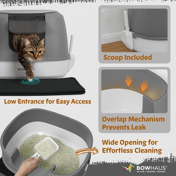 Detachable Cat Litter Box with Lid, 3-in-1 Cat Toilet of Cats, Large Space Anti-Leakage Cat Litter Box with Scoop, Cat Mat & Odor Fitter, Dark Grey-Mewly Pet