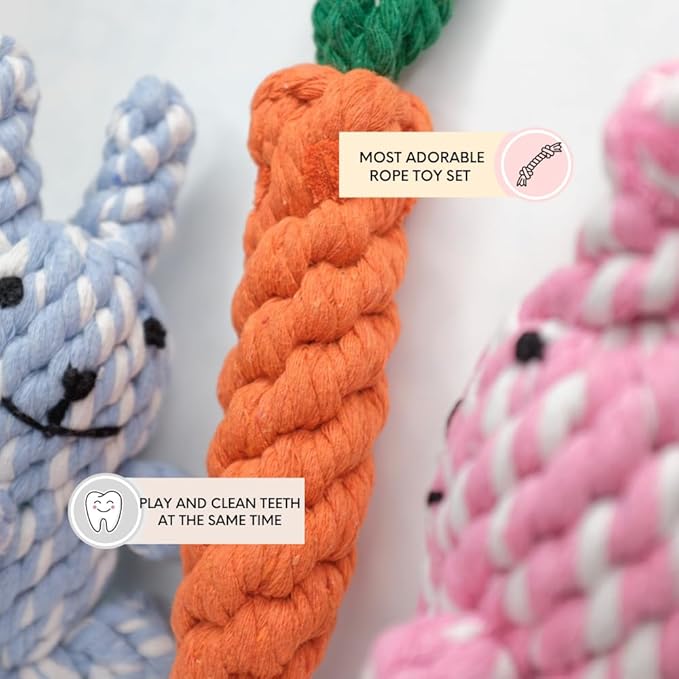 HILLBERRY Dog Rope Chew Toy Cotton Pink and Blue Rabbits and Carrot Bundle Set for Teething Puppy, Small, Miniature and Toy Breed Cute Pet Play Essentials-Mewly Pet