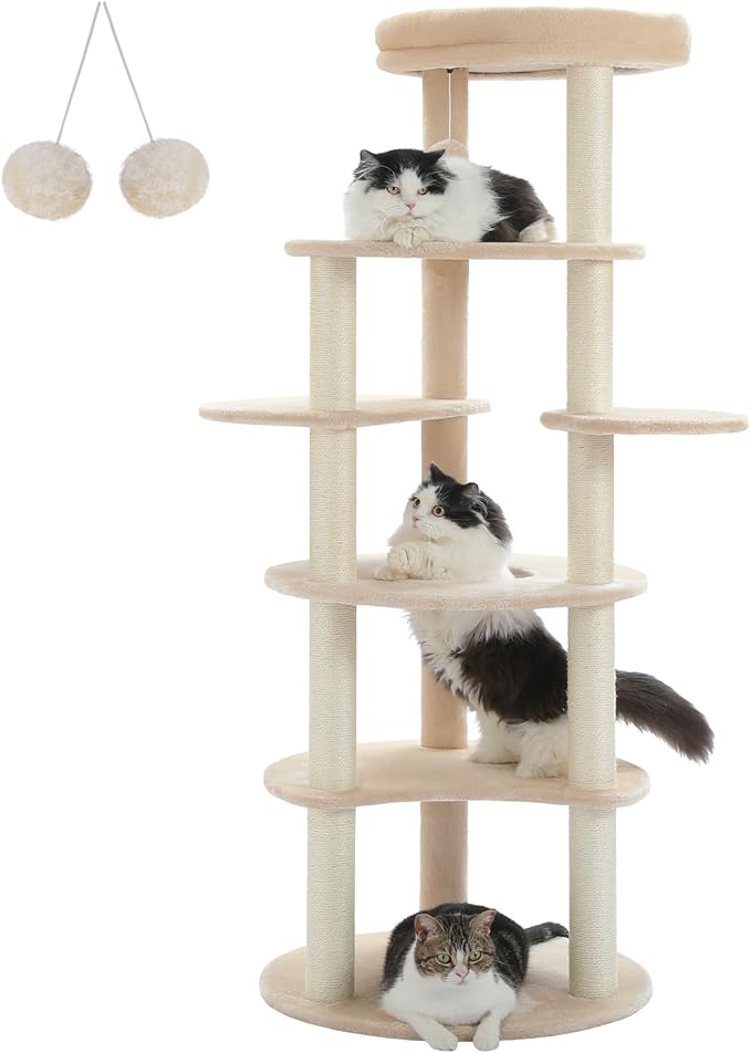 PETEPELA 61" Cat Tree for Indoor Cats, [6-Levels] Cat Climbing Tower with 9 Sisal Scratching Posts and Replaceable Dangling Ball &Top Perch, Beige-Mewly Pet
