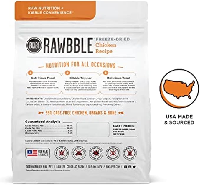 BIXBI Rawbble Freeze Dried Dog Food, Chicken Recipe, 12 oz - 98% Meat and Organs, No Fillers - Pantry-Friendly Raw Dog Food for Meal, Treat or Food Topper - USA Made in Small Batches-Mewly Pet