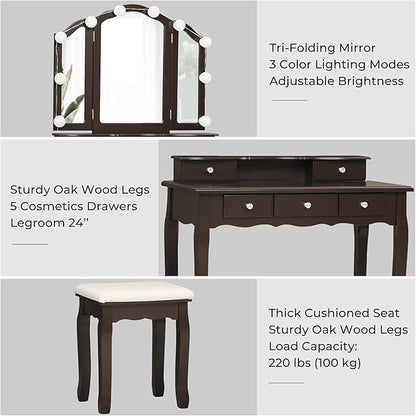 Tiptiper Vanity Desk, Makeup Vanity with Lighted Tri-Folding Mirror & Stool, Vanity Table Set with 10 LED Light Bulbs & 3 Color Lighting Modes, Makeup Table with 5 Storage Drawers, Brown