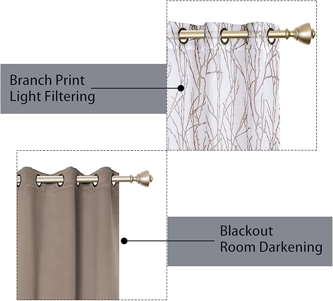 BONZER Mix and Match Curtains - 2 Pieces Branch Print Sheer Curtains and 2 Pieces Blackout Curtains for Bedroom Living Room Grommet Window Drapes, 54x108 Inch/Panel, Taupe, Set of 4 Panels