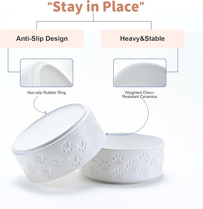 SPUNKYJUNKY Ceramic Dog Bowls 2 Pack, 8.3'' Dog Food Water Double Feeding Bowls Non-Slip for Medium to Large Sized Breed Microwave Dishwasher Safe - 60 OZ, 2pcs, Paw White-Mewly Pet