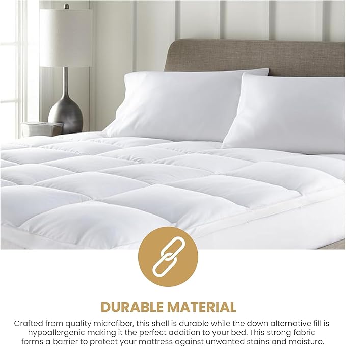 Superior Mattress Topper, Down Alternative, 2 Inch Deep Sized Bed Pillow Top, Comfort Pad, Fluffy Mattress-Topper Protector, Plush Cooling Extra Soft, Hotel Quality, Sleep, All-Season, Queen, White