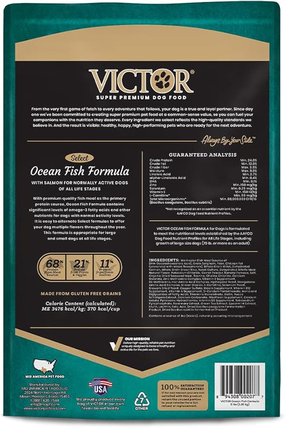 VICTOR Super Premium Dog Food – Select Ocean Fish Formula with Salmon – Omega-3 and Omega-6 Enriched Gluten-Free Dry Kibble for All Normally Active Dogs of All Life Stages, 5lbs-Mewly Pet