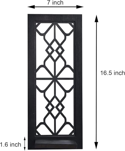 Wood Wall Sconce Candle Holder Set 2, Rustic, Wall-Mount, Farmhouse Hanging Wall Décor, Carved Wood Frame, Mirrored Candle Holder (Black)
