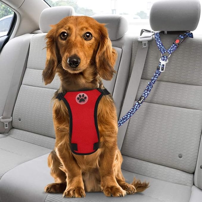 SlowTon Dog Seat Belt for Car, 2 Pack Dog Car Harness Seatbelt Adjustable with Elastic Bungee Buffer, 2 in 1 Pet Car Leash Headrest Restraint Dog Reflective Safety Tether (Blue Paw, Headrest+Clip)-Mewly Pet