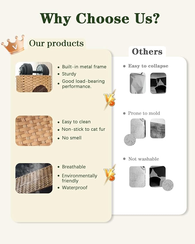 Cat House for Indoor Cat, Large Double Cat Houses Cat Bed Cave, Handwoven Rattan Pet Beds with One Soft Pad, 17 x 17 x 17 Inches Foldable Kitten Hideaway in Living Room Natural-Mewly Pet