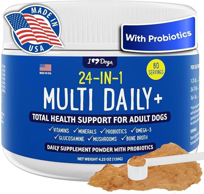 iHeartDogs 24-in-1 Adult Dog Multivitamin Daily+ Total Health Support Powder with Probiotics, Omega-3, Glucosamine, Mushrooms & Bone Broth - 60 Servings-Mewly Pet