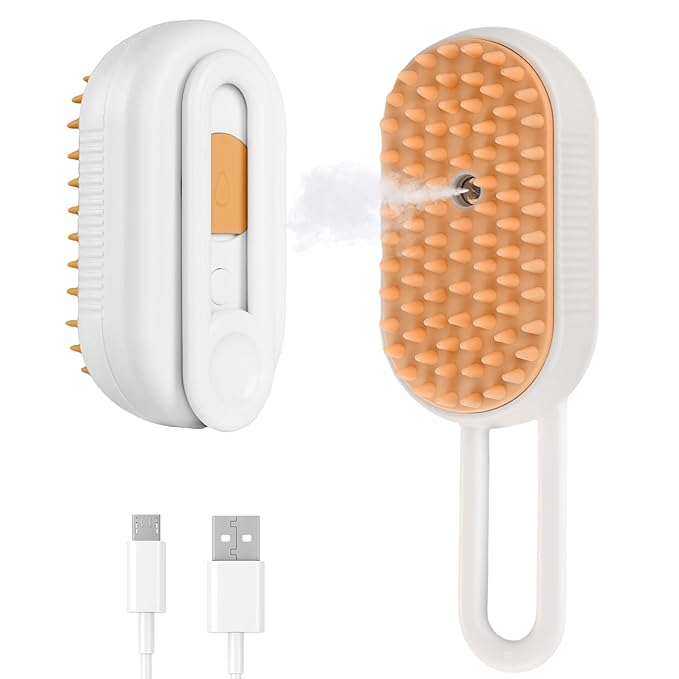 4 in 1 Cat Steam Brush, Rechargeable Steam Brush for Cats and Dogs, Anti-Static Cat Spray Brushes, Massage, Cleaning, Shedding & Combing All In One! White-Mewly Pet