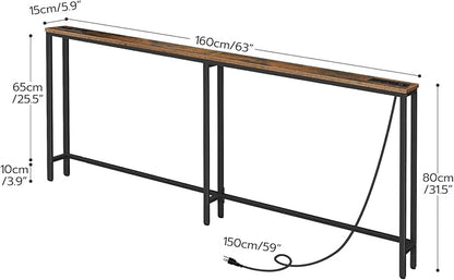 HOOBRO 63" Narrow Console Table with Charging Station, 5.9" Sofa Table with 2 Power Outlets and USB Ports, Long Entryway Tables Behind Couch Table, for Hallway, Living Room, Rustic Brown BF165UXG01
