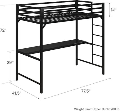 DHP Miles Metal Twin Loft Bed with Desk, Black