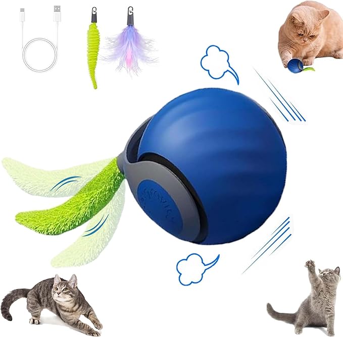 Interactive Cat Toy Ball,Speedy Tail2.0 Cat Toy,Automatic Interactive Cat Toys for Indoor Cats with 2 Tails,2Speeds Rechargeable Cat Enrichment Toys for Small/Medium/Large Cats to Keep Them Busy(Blue)-Mewly Pet