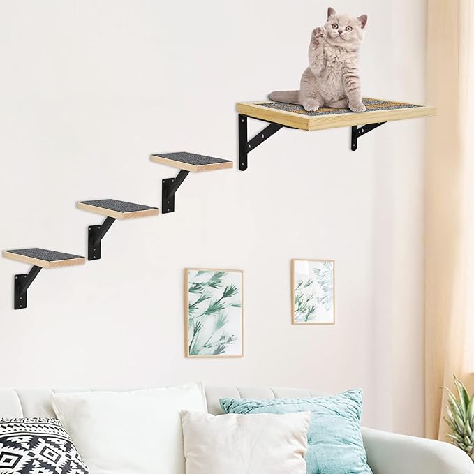 Handcrafted Wood Cat Perch & Shelves - Floating Shelf with Cat Hammock Seat, Lounge Bed, Climbing Steps for Relaxing, Playing and Scratching-Mewly Pet