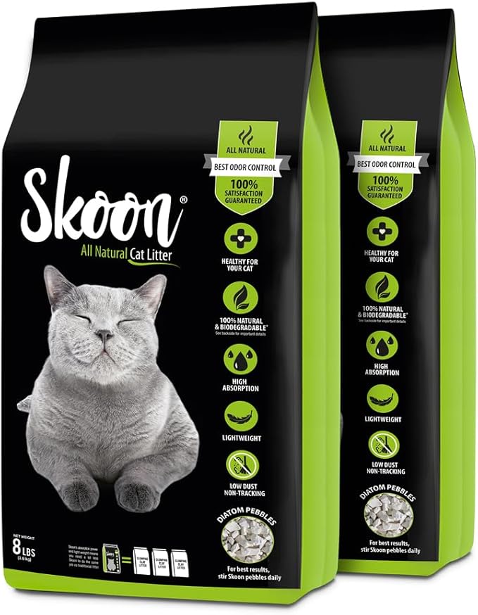 Skoon All Natural Cat Litter (2 Bags) - Original - Lightweight, Low Tracking, Non-Clumping Diatom Pebbles Absorb, Lock, and Seal Waste for Best Odor Control-Mewly Pet