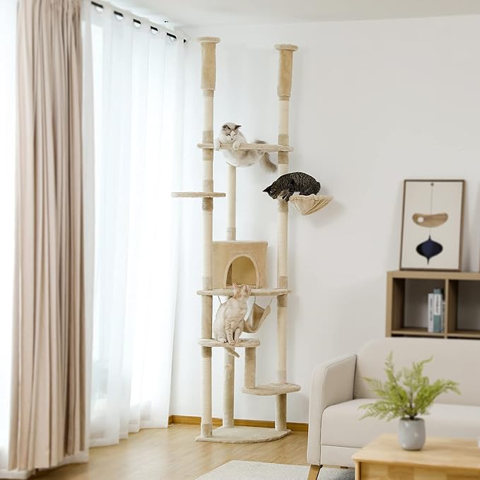 PEQULTI Floor to Ceiling Cat Tree 92.9’’-101.6’’ Height Adjustable Cat Tower Tall Kitty Climbing Play House with Scratching Posts, Cozy Condo, Perches and Large Hammock for Indoor Cats Beige-Mewly Pet