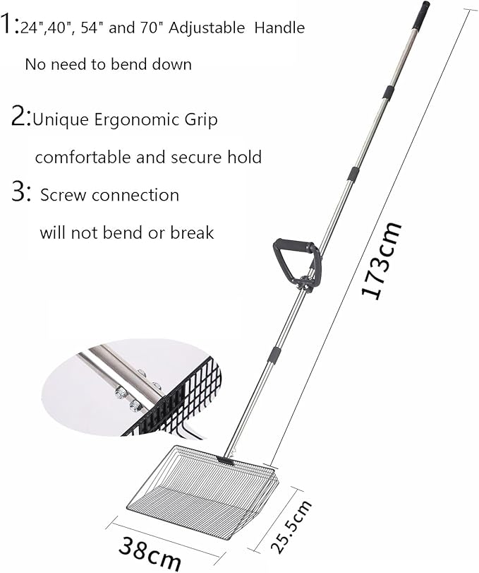 15 Inch Large Chicken coop Scoop with Ergonomic Grip Adjustable Long Handle (24-64") Chicken Poop Scooper Sifting Shovel rake Stainless Steel Metal coop Scoop (L/15 INCH)-Mewly Pet