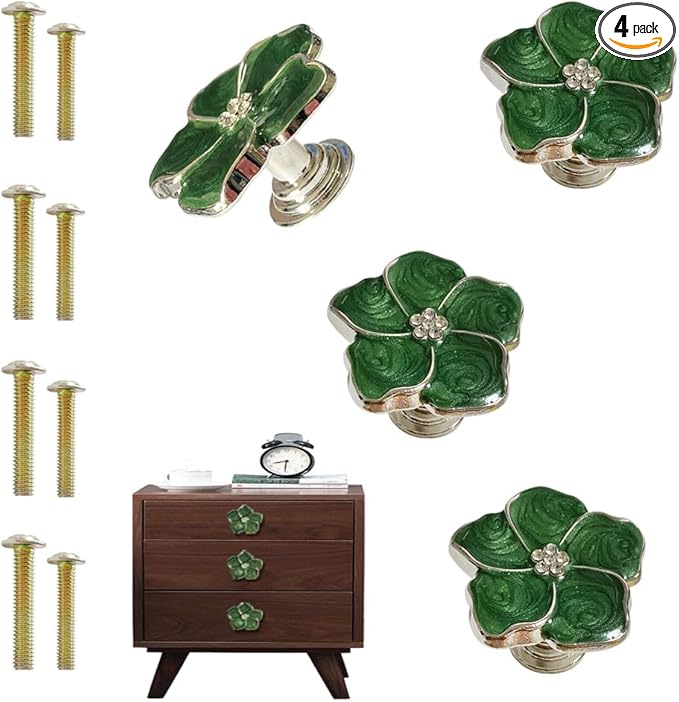 4 pcs Kitchen Handle Petal Knob Hand Zinc Alloy Single Hole Knob Inlaid Rhinestone Hand Handle for Cabinets,Drawers, Wardrobes Furniture Decoration(Green)