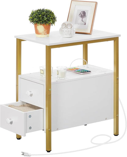 HOOBRO End Table with Charging Station, Narrow Side Table with 2 Drawer & USB Port & Power Outlets, Nightstand for Small Spaces, Stable and Sturdy, for Living Room, Bedroom, Gold and White DW541BZ01