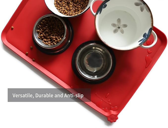 Hoki Found Large Silicone Non-Slip Pet Dog Cat Bowl Mats - Waterproof Dog Cat Food Mats - Classic Red-Mewly Pet