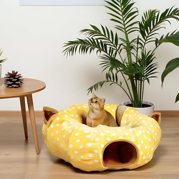 AUOON Cute Cat Donut Tunnel - Round Cat Tunnel Bed with Washable Cushion Interactive Cat Toy for Indoor Cats Kitten Kitty Puppy Rabbit Ferret (Yellow)-Mewly Pet