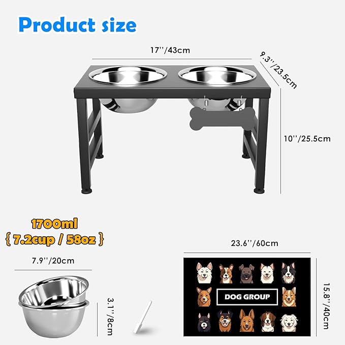 Elevated Dog Bowls, 10" Tall Height, Raised Bowl Stand with 2 Stainless Steel Food Feeder Bowls (58oz) and Spill-Proof Mat for Medium Large and Small Breeds-Mewly Pet