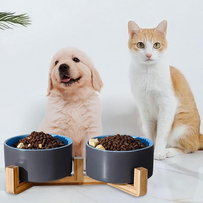 Petygooing Heavy 5.1 in Ceramic Cat Dog Bowls Set with Wood Stand for Food and Water, Non-Slip Cute Modern Pet Dish for Small Size Dogs and Cats (13.5OZ) Medium Sized Dogs (28OZ) Grey Blue-Mewly Pet