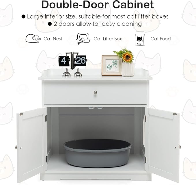 PETSITE Cat Litter Box Enclosure, Large Cat Washroom End Table with Drawer & 2 Doors, Wooden Cat House Storage Cabinet, Hidden Litter Box Furniture, White-Mewly Pet