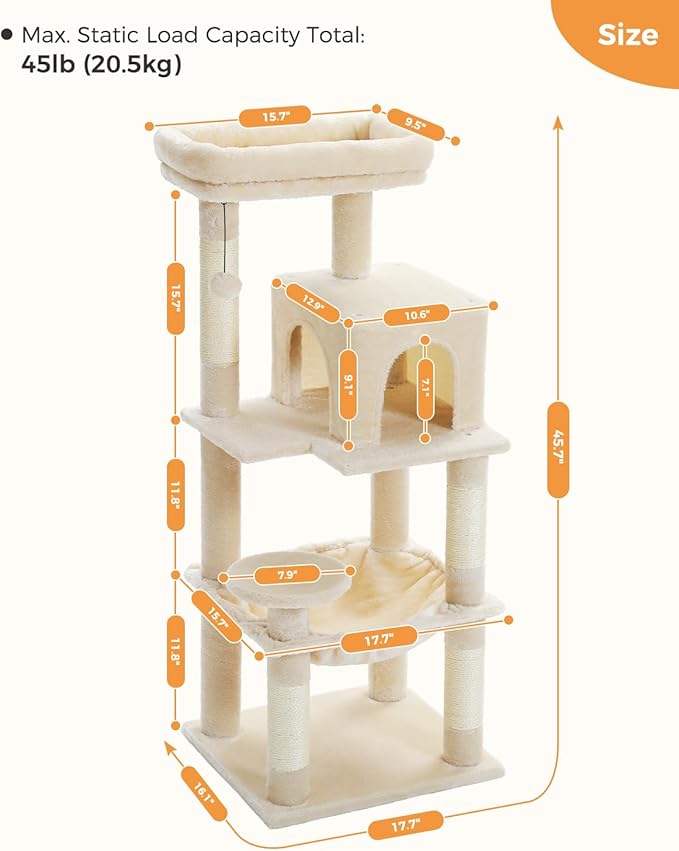 Cat Tree for Indoor Cats, 45.7" Multi-Level Cat Tower with Large Metal Frame Hammock, Cat Condo with 4 Scratching Posts and Top Perch for Small Medium Cat, Beige-Mewly Pet