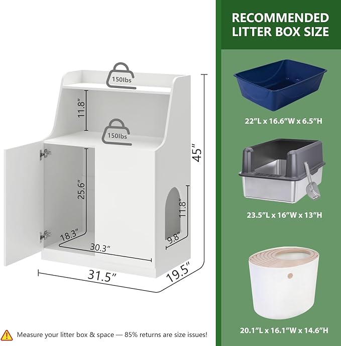 Large/Tall Litter Box Enclosure, Modern Wooden Litter Box Furniture for XL Litterbox with Open Shelf as Sideboard Cabinet (White)-Mewly Pet