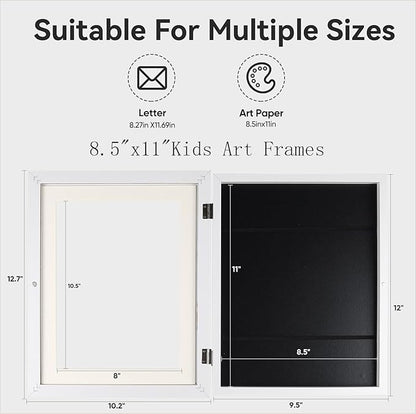 Kids Artwork Frame - Changeable Front Opening, Holds 150 Art Projects, 8.5x11 Picture Display With Storage (White)
