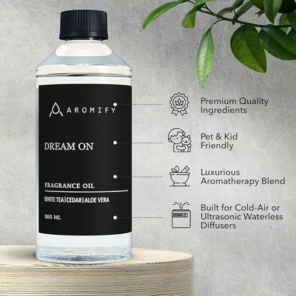 Dream On Diffuser Oil, 16.9 FL Oz, 500 mL, Luxury Hotel Scent Diffuser Oil for Home, Office & Spa, Fragrance Essential Oils for Aromatherapy, Aloe Vera & Cedarwood.
