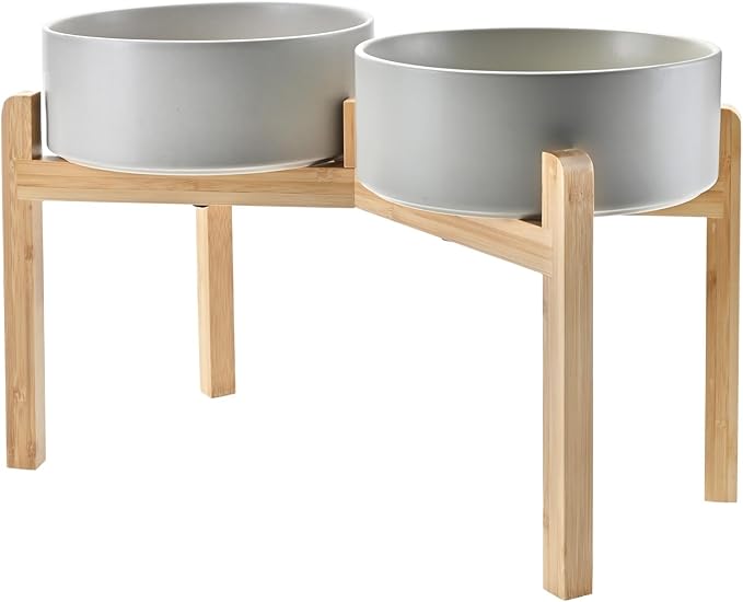 SPUNKYJUNKY Elevated Dog Bowls Ceramic, 8.3'' Dogs Food Water Bowls Raised with Non-Slip Bamboo Stand for Large Sized Breed Microwave Dishwasher Safe - 60 OZ,Grey-Mewly Pet