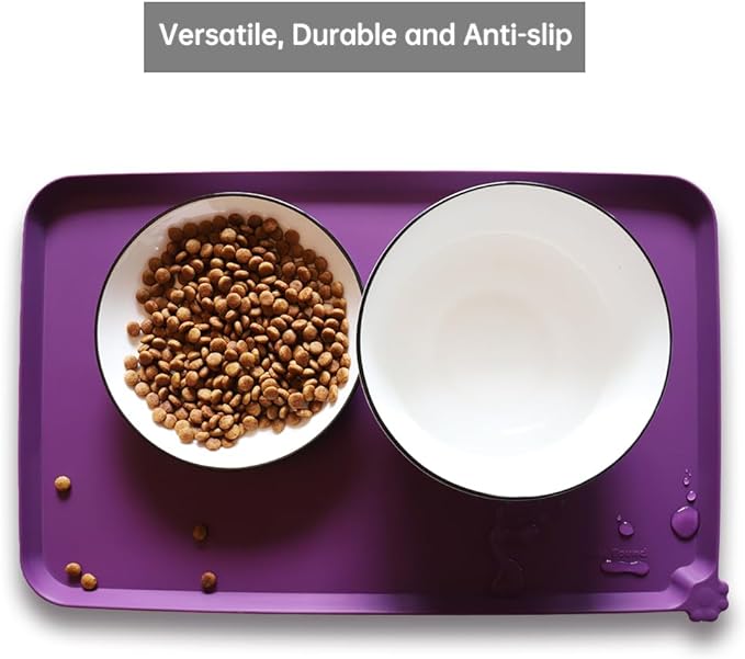 Hoki Found Waterproof Pet Feeding Mats with High Lips, Multiple Size and Colors for Dogs, Cats & Others -Eggplant-Mewly Pet