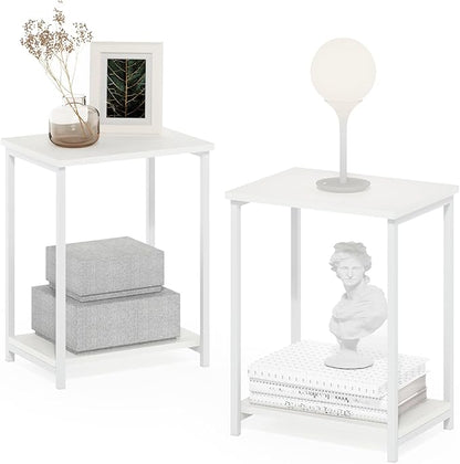 Furinno Simplistic Side Table Set of 2, 2-Tier Metal Frame End Table with Open Shelf, Night Stand, Bedside Table, for Living Room, Bedroom, White