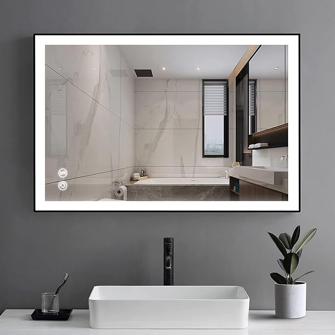 Fab Glass and Mirror LED Lighted Bathroom Mirror 20 x 30 Inch, Black Framed Wall Mounted Dimmable Vanity Mirror, Anti-Fog Touch Sensor, Adjustable Color Warm/White/Natural
