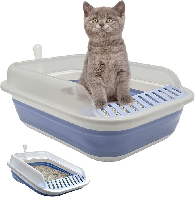 Collapsible Kitten Litter Box, Open Small Cat Litter Box with High Side Shallow Kitten Litter Pan Anti-Splashing Waterproof Low Entry Travel Litter Pan with Falling Sand Pedal-Mewly Pet