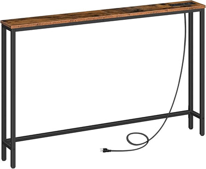 HOOBRO 47.2" Narrow Console Table with Power Outlet, 5.9" Behind Couch Table with Charging Station, Long Sofa Side Table, Skinny Entryway Table for Living Room, Hallway, Foyer, Rustic Brown BF15XG01G1