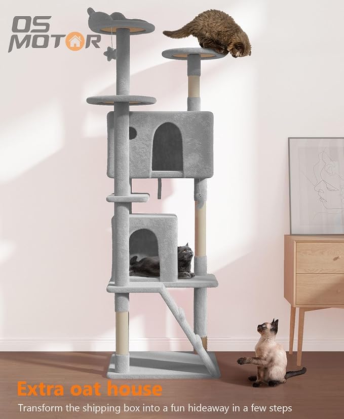 77'' Cat tree Tower for Indoor Cats Large Adult,Cute/Tall Modern Cat Tree for Big Cats 20 lbs,Plush Multi-Level Cat Condo with Scratching Posts,Dangling Ball for fun play(Light Gray, 77 inch)-Mewly Pet