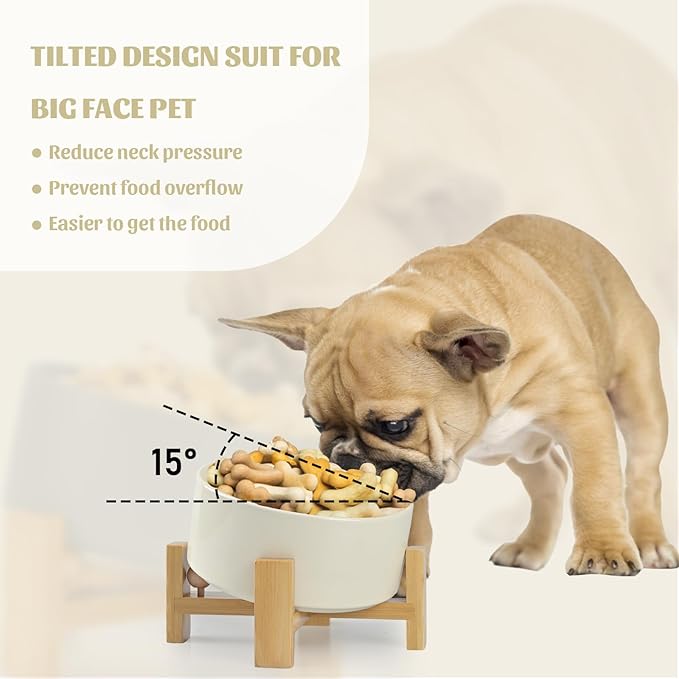 SPUNKYJUNKY 15° Slanted Ceramic Dog and Cat Bowl with Wooden Stand, Tilted Bulldog Food and Water Bowl No Slip Non-Spill for Cats Medium Dogs Big Face Pets 28.7 OZ (3.6 Cups, Beige)-Mewly Pet