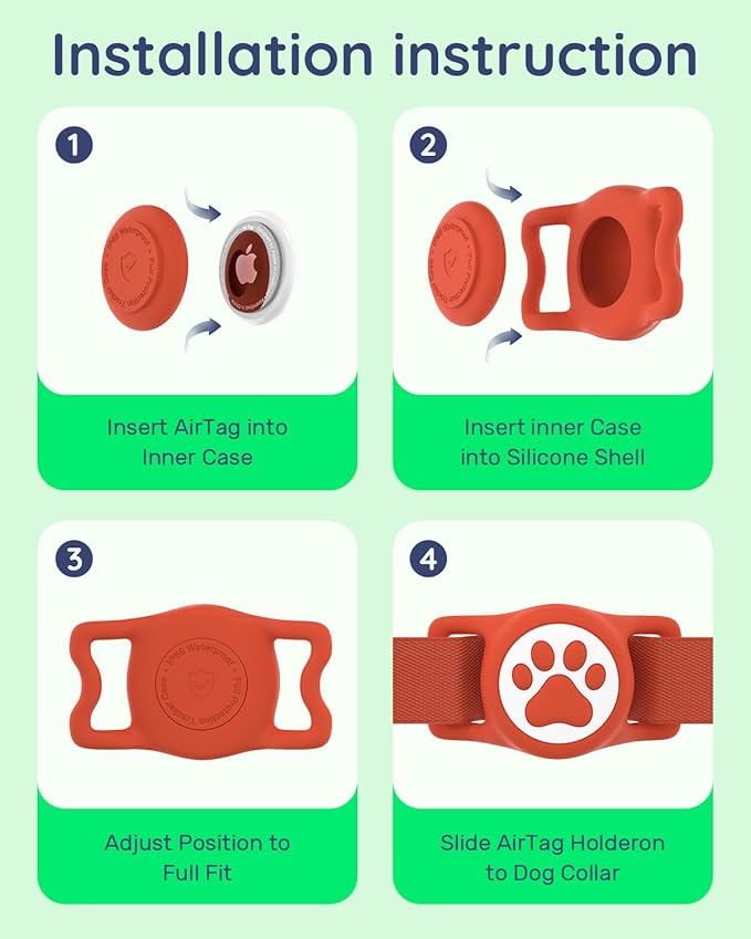IP68 Waterpoof Dog Airtag Holder, Stretchy Silicone Full Body Covered Apple Air Tag Holder for Dog Cat Collar Fit All Width Collar (Red, 1 Pack)-Mewly Pet