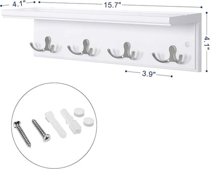 SONGMICS Entryway Hanging Coat Rack, Wall-Mounted Wooden Shelf, with 4 Double Hooks, Wall Floating Shelf, White ULHR42WT