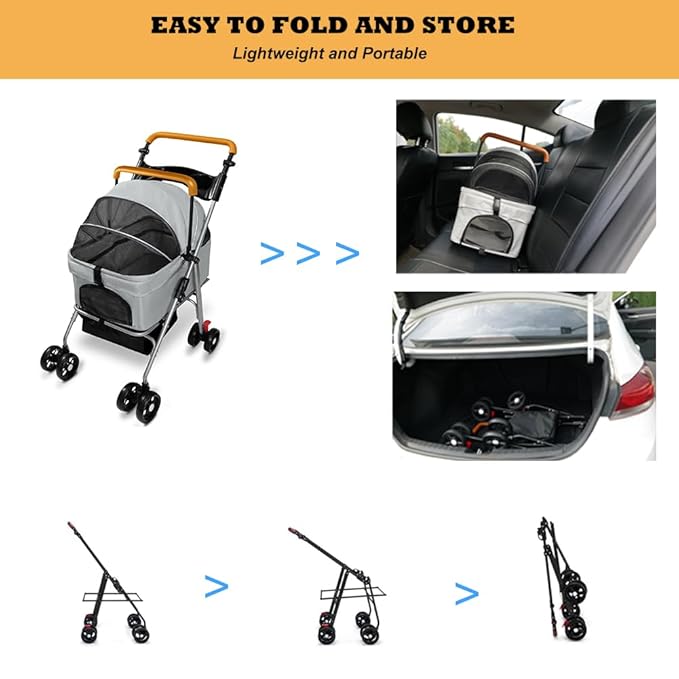 Pet Stroller with Storage Basket and Cup Holder, Folding Dog Jogger, Foldable Cat Stroller, 3 in 1 Puppy Kitten Cart, Pet Jogger for Medium Dog Cat (Gray)-Mewly Pet