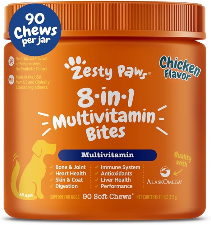 Zesty Paws Dog Multivitamin, Chewable Dog Vitamins and Supplements for Hip & Joints, Skin & Coat, Omega 3 Fish Oil for Dogs- Senior & Puppy Multivitamin- Chicken- 90ct-Mewly Pet